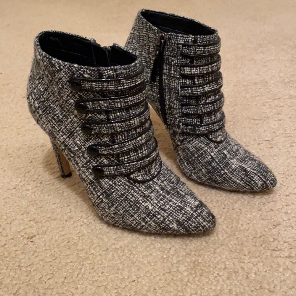 NEIMAN MARCUS tweed heeled booties with 5 strap details